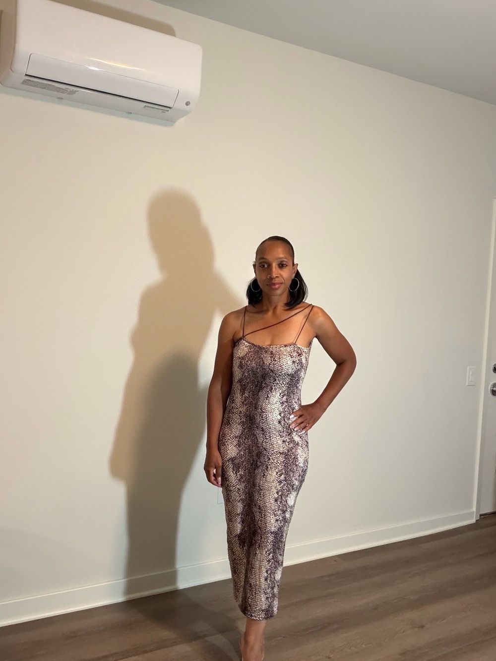 Snake-Print Slip Midi Dress in Brown